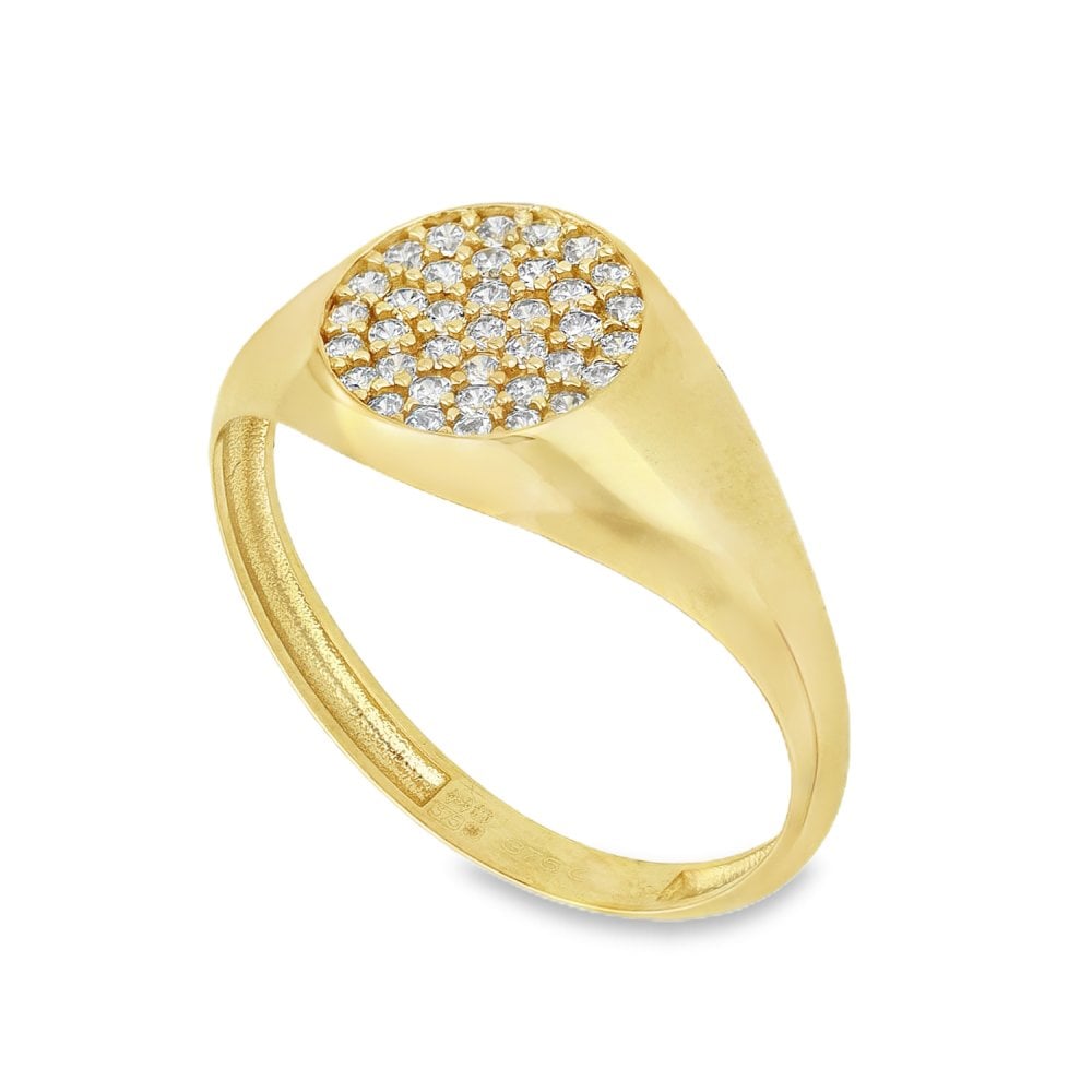 9ct Yellow Gold Round Cubic Zirconia Signet Ring - Size N - 9mm