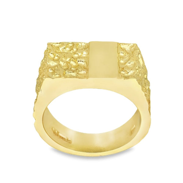 9ct Yellow Gold Heavy Rectangular ID Pebble Ring - Size W - 12mm
