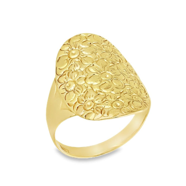 9ct Yellow Gold Oval Flower-Patterned Ring - Size T½ - 16x24mm