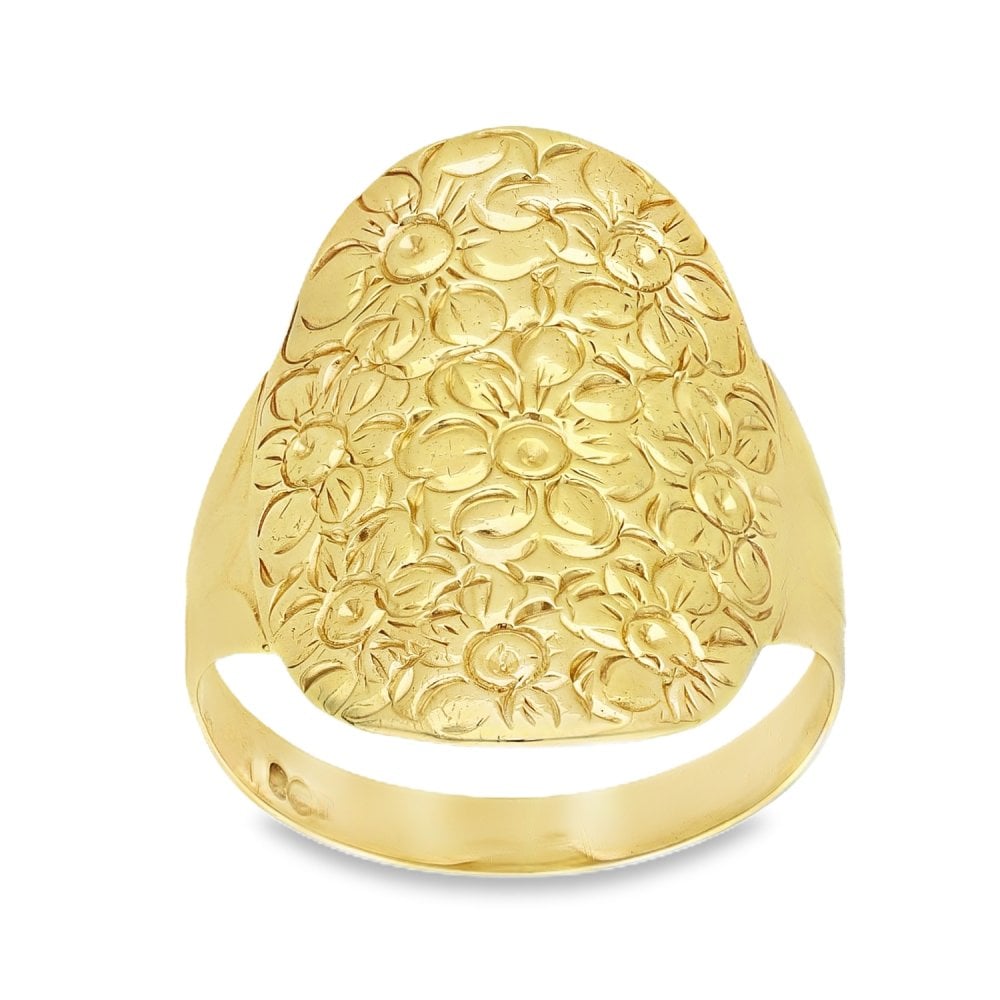 9ct Yellow Gold Oval Flower-Patterned Ring - Size T½ - 16x24mm