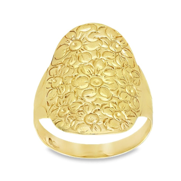 9ct Yellow Gold Oval Flower-Patterned Ring - Size T½ - 16x24mm