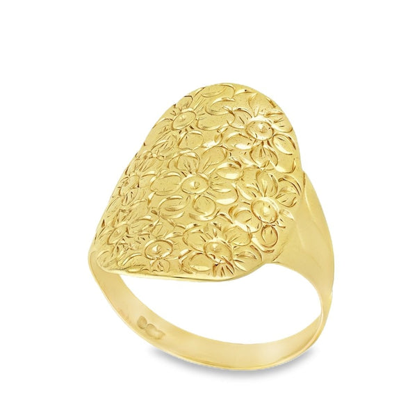 9ct Yellow Gold Oval Flower-Patterned Ring - Size T½ - 16x24mm