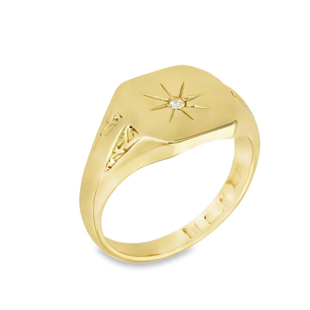 9ct Yellow Gold Diamond Set Signet Ring - Size R - 7.3g