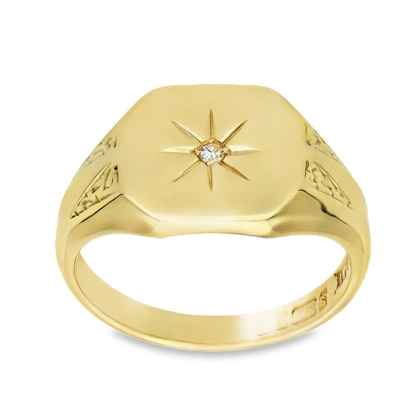 9ct Yellow Gold Diamond Set Signet Ring - Size R - 7.3g