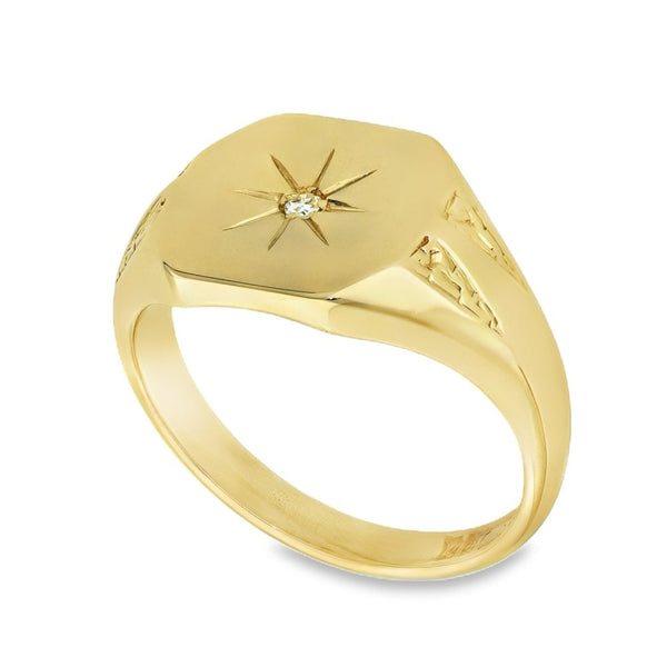 9ct Yellow Gold Diamond Set Signet Ring - Size R - 7.3g