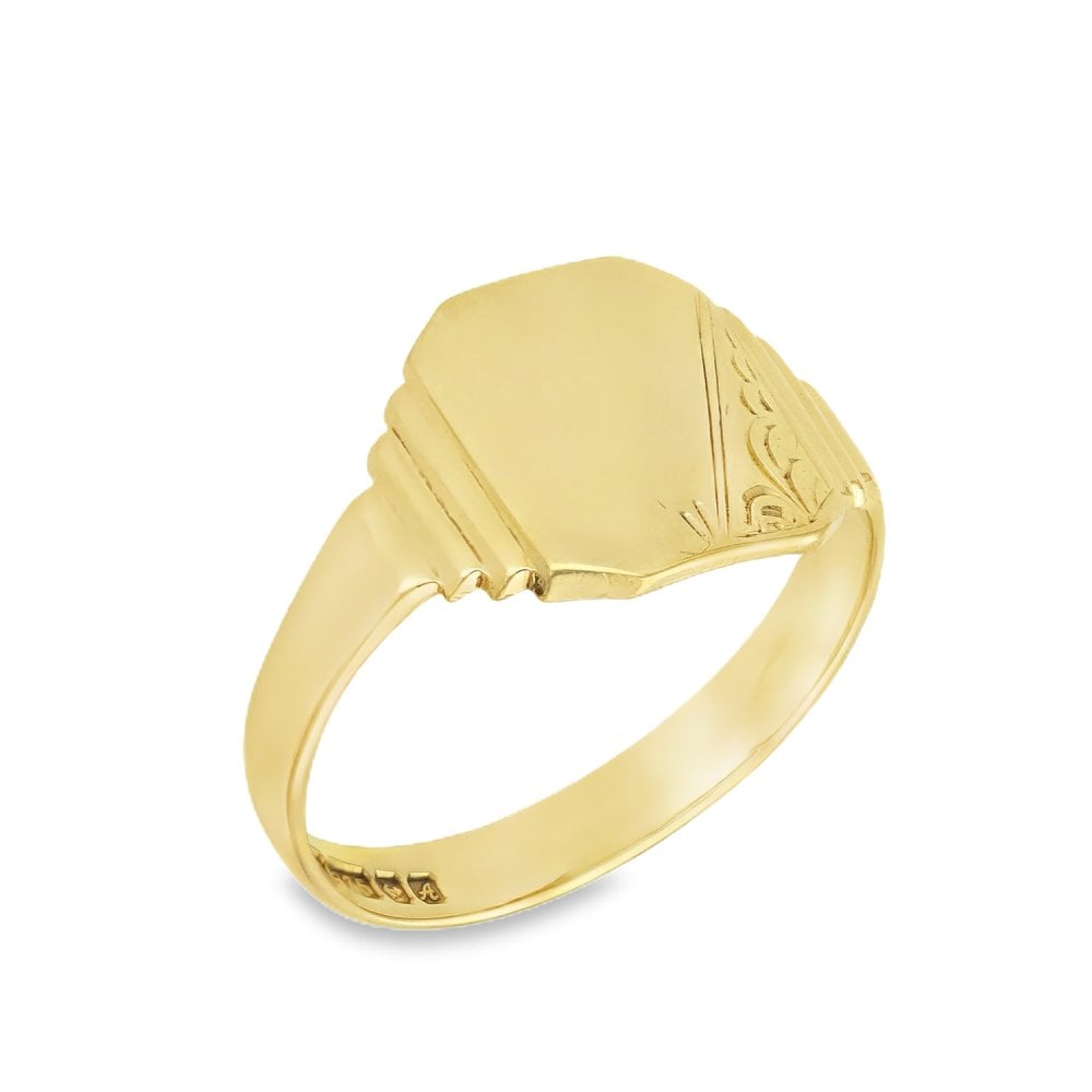 9ct Yellow Gold Half-Engraved Signet Ring - Size R - 12mm