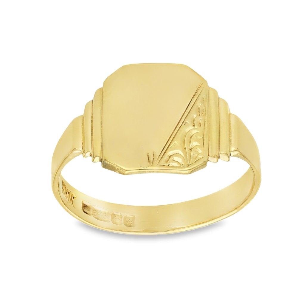 9ct Yellow Gold Half-Engraved Signet Ring - Size R - 12mm