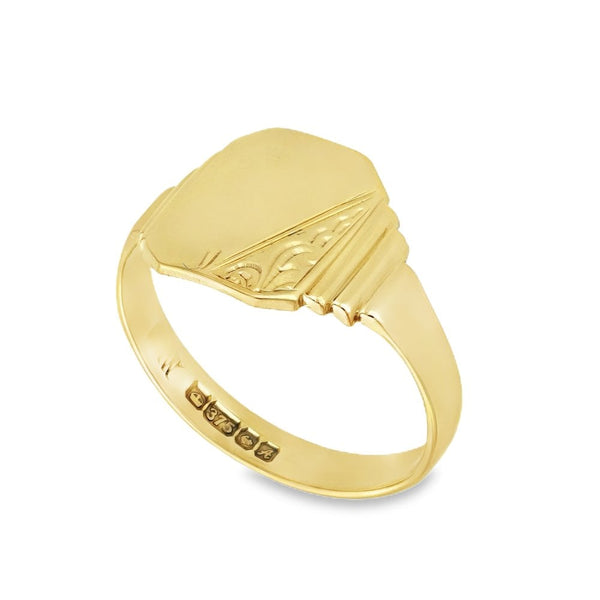 9ct Yellow Gold Half-Engraved Signet Ring - Size R - 12mm