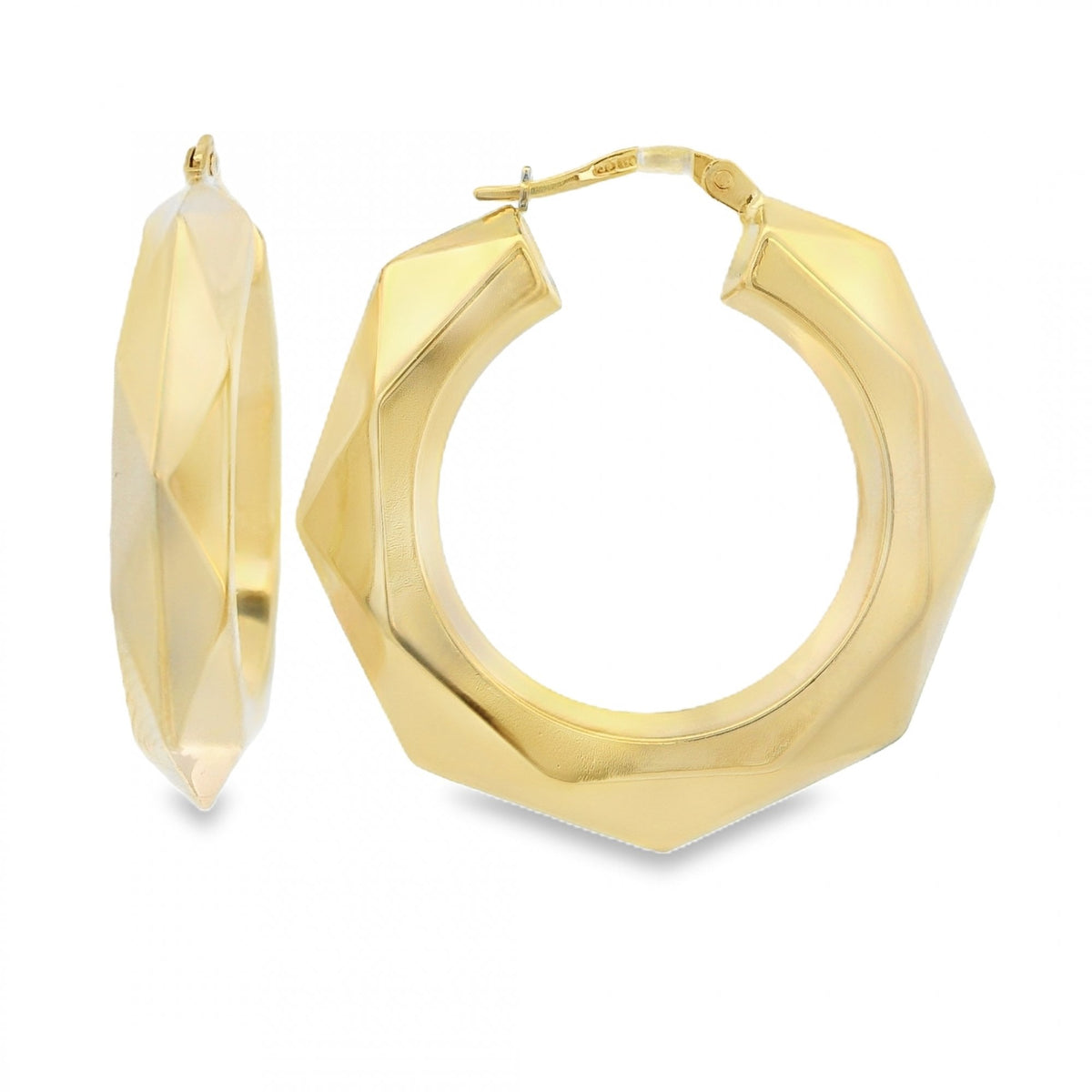 9ct Yellow Gold Large Faceted Creole Earrings - 33x34x5mm - 5.1g
