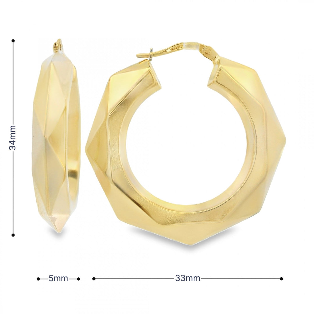 9ct Yellow Gold Large Faceted Creole Earrings - 33x34x5mm - 5.1g