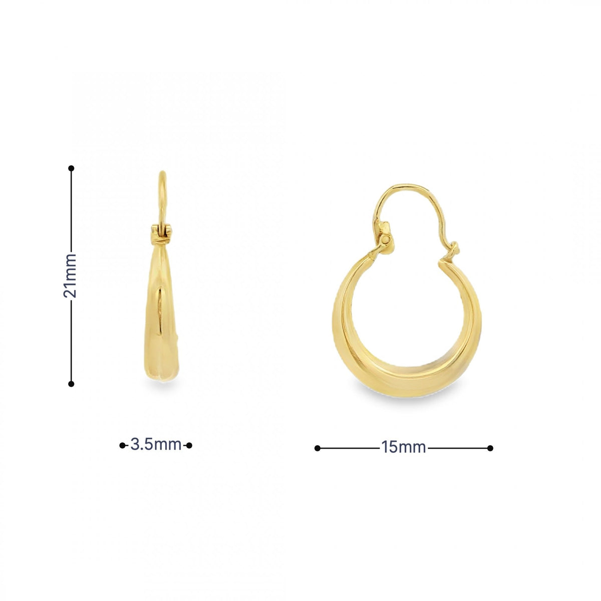 9ct Yellow Gold Round Hoop Earrings - 15x21x3.5mm - 1.1g
