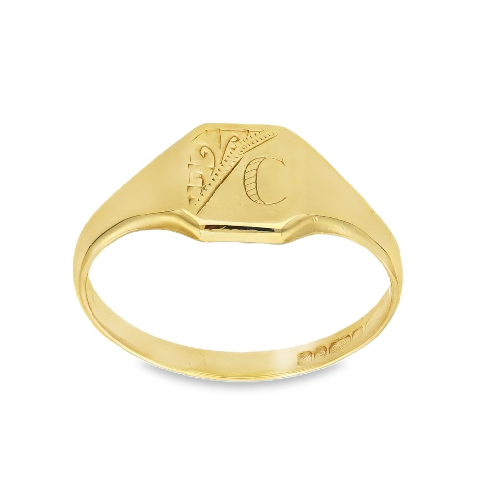 9ct Yellow Gold Half Engraved Initial C Signet Ring - Size P
