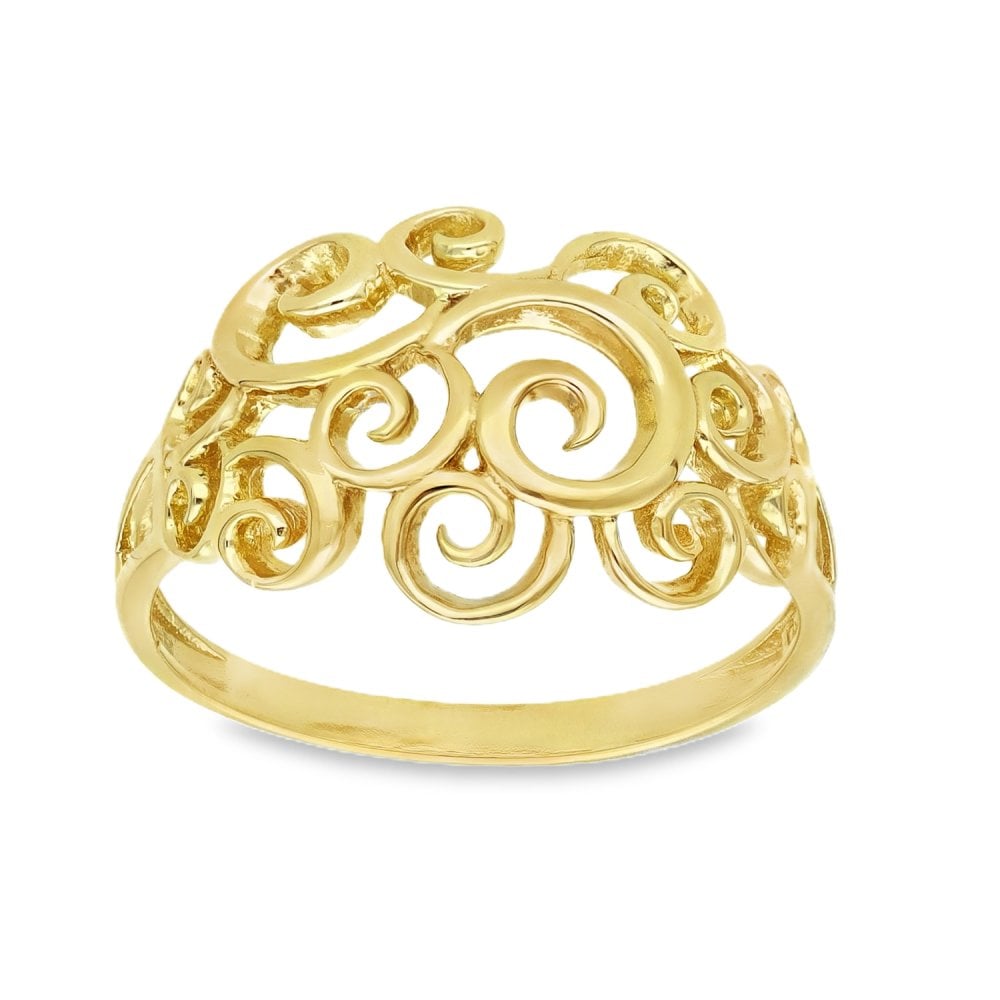 9ct Yellow Gold Open Scroll Ring - Size Q - 13mm