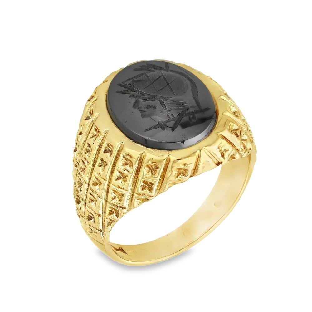 9ct Yellow Gold Oval Hematite Centurian Ring - Size S - 19mm