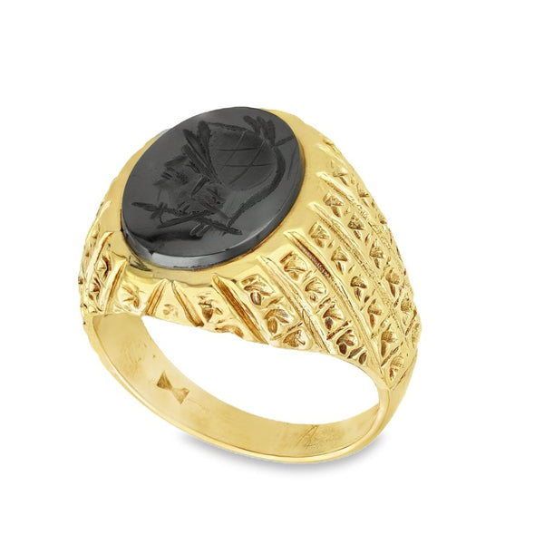 9ct Yellow Gold Oval Hematite Centurian Ring - Size S - 19mm