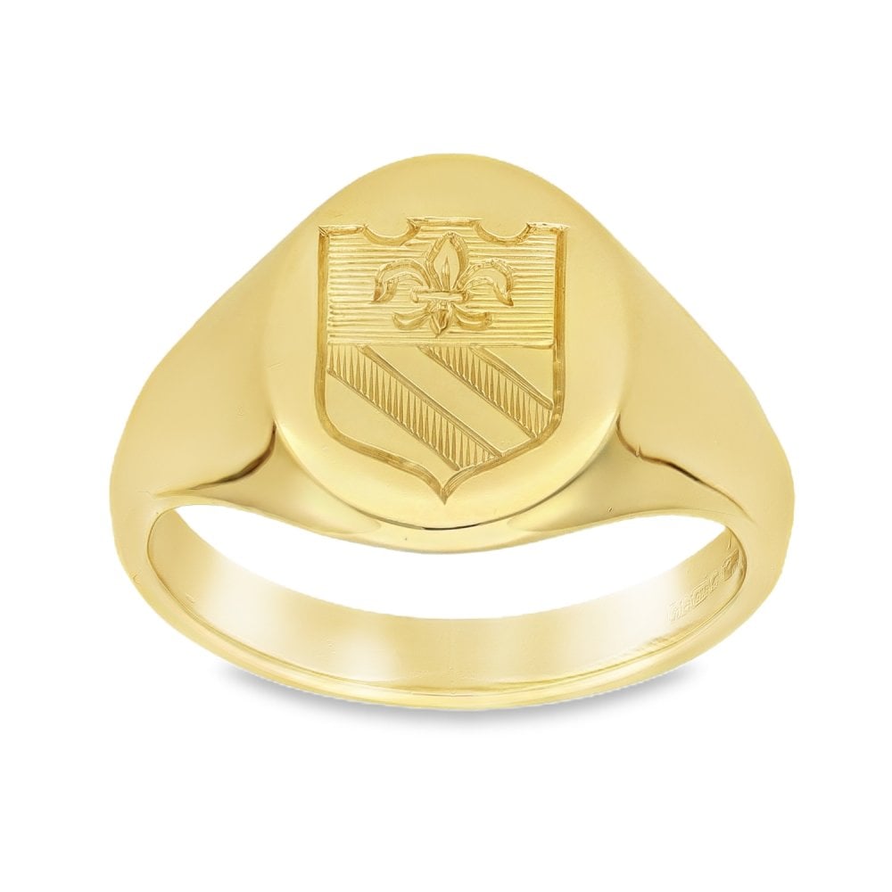 9ct Yellow Gold Crest Signet Ring - Size S½ - 15mm
