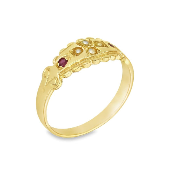 9ct Yellow Gold Ruby & Pearl Fancy Ring - Size M½ - 7mm