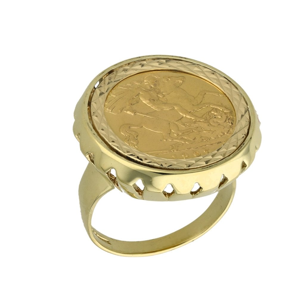 1907 Yellow Gold Half Sovereign Coin Ring - Size Q½