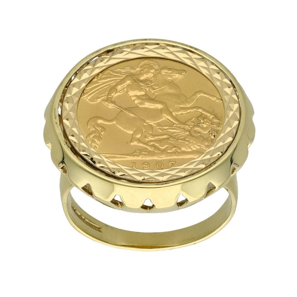 1907 Yellow Gold Half Sovereign Coin Ring - Size Q½
