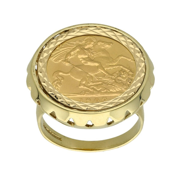 1907 Yellow Gold Half Sovereign Coin Ring - Size Q½