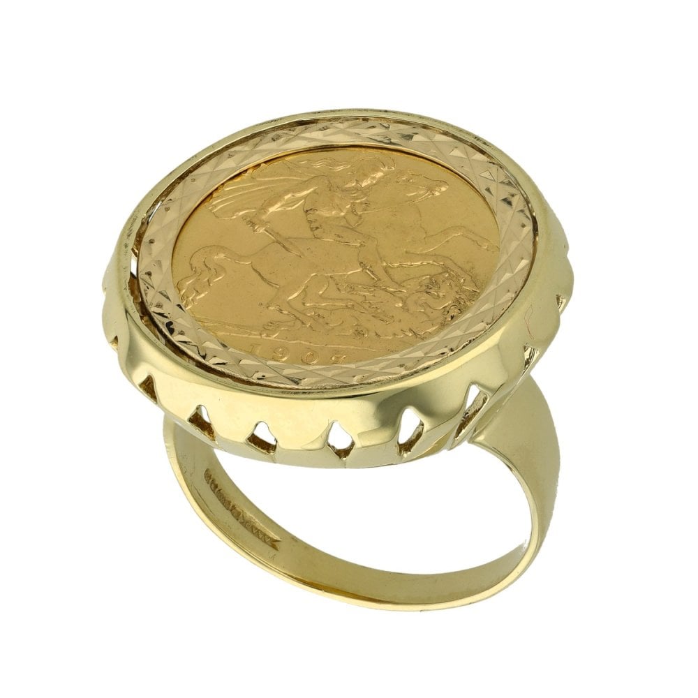 1907 Yellow Gold Half Sovereign Coin Ring - Size Q½