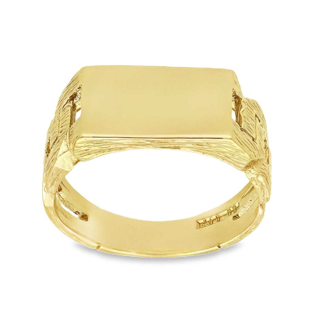 9ct Yellow Gold Rectangular Bark Signet Ring - Size S½ - 9mm