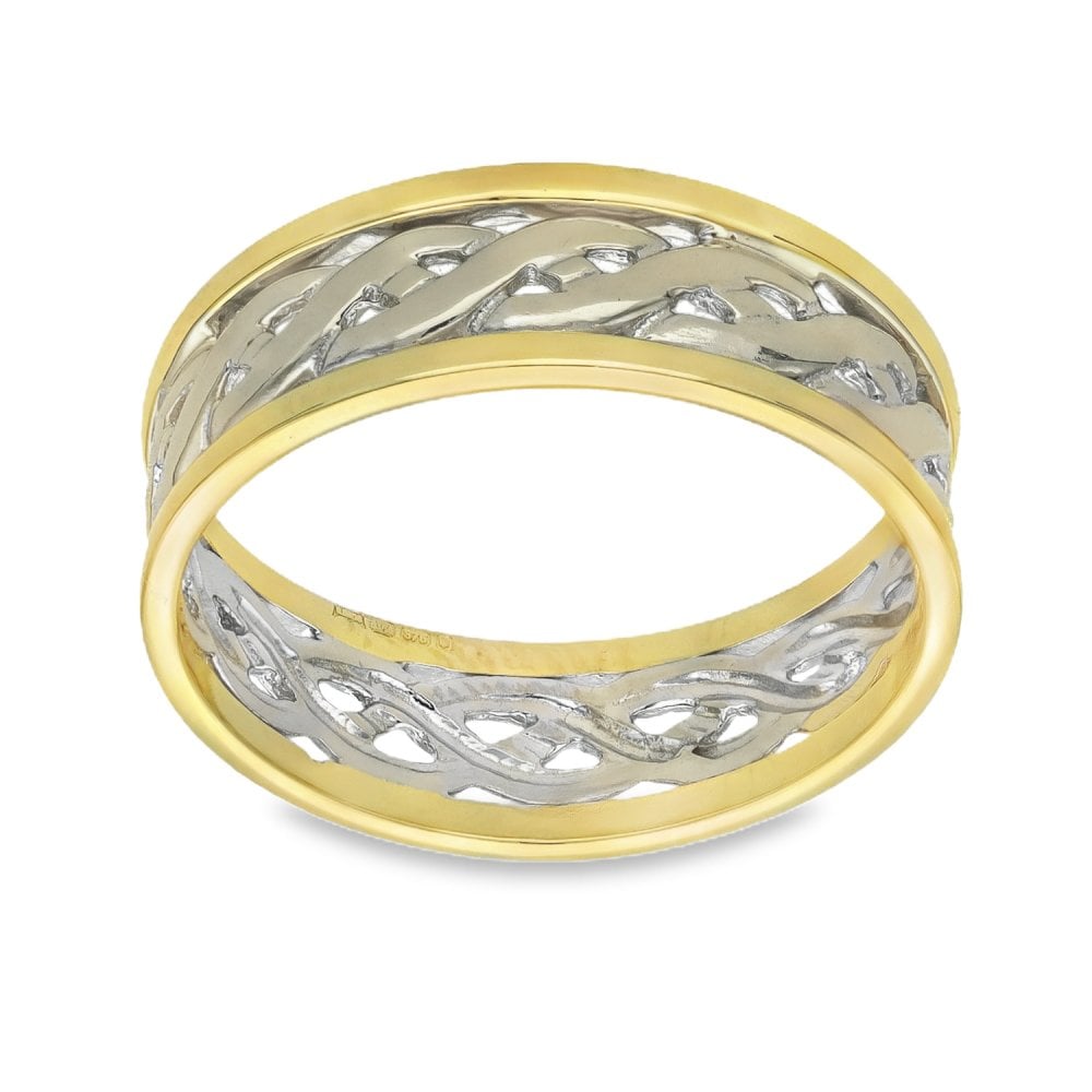 9ct Yellow & White Gold Open Celtic Wedding Band - Size T - 7mm