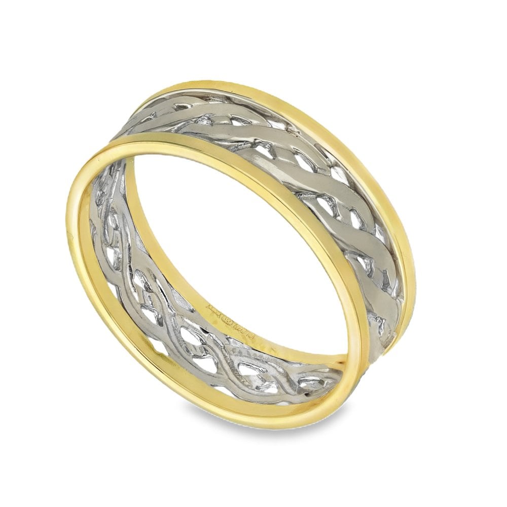 9ct Yellow & White Gold Open Celtic Wedding Band - Size T - 7mm