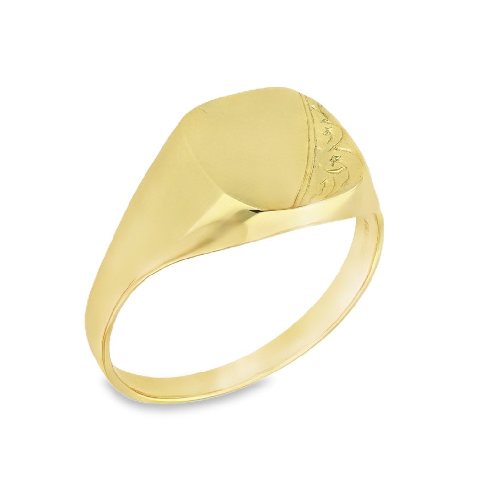 9ct Yellow Gold Half-Engraved Signet Ring - Size W - 12mm