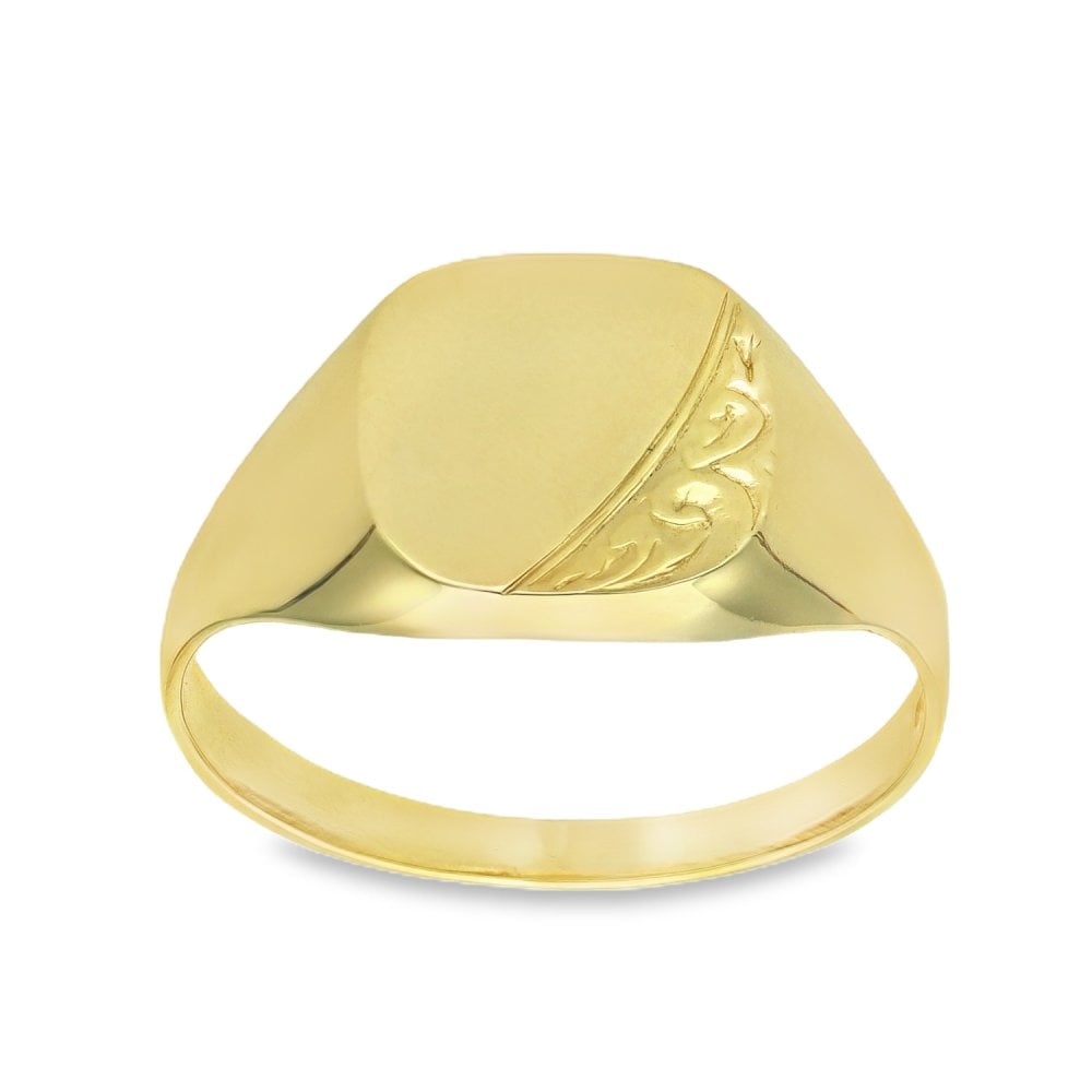 9ct Yellow Gold Half-Engraved Signet Ring - Size W - 12mm