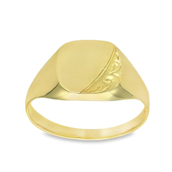 9ct Yellow Gold Half-Engraved Signet Ring - Size W - 12mm