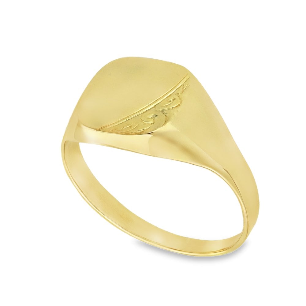 9ct Yellow Gold Half-Engraved Signet Ring - Size W - 12mm