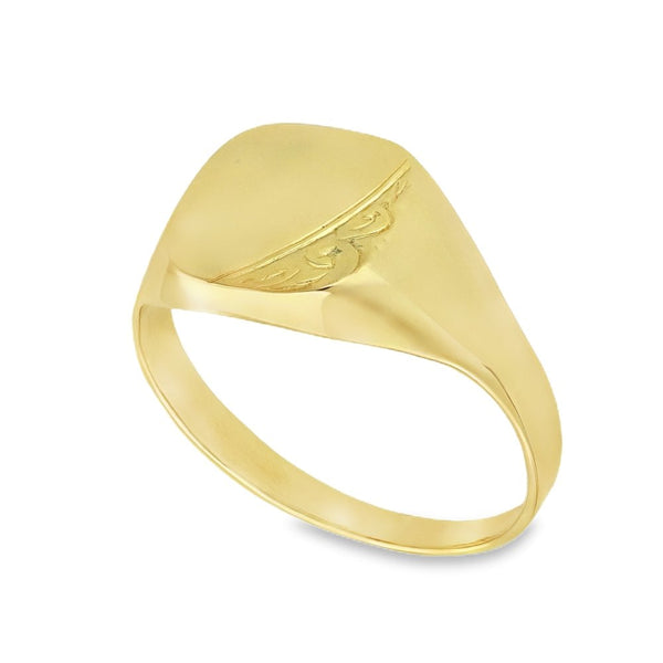 9ct Yellow Gold Half-Engraved Signet Ring - Size W - 12mm