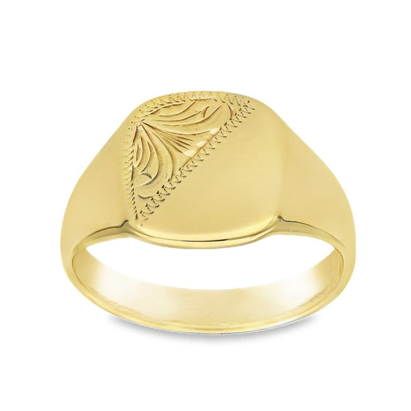 9ct Yellow Gold Half-Engraved Signet Ring - Size U½ - 14mm
