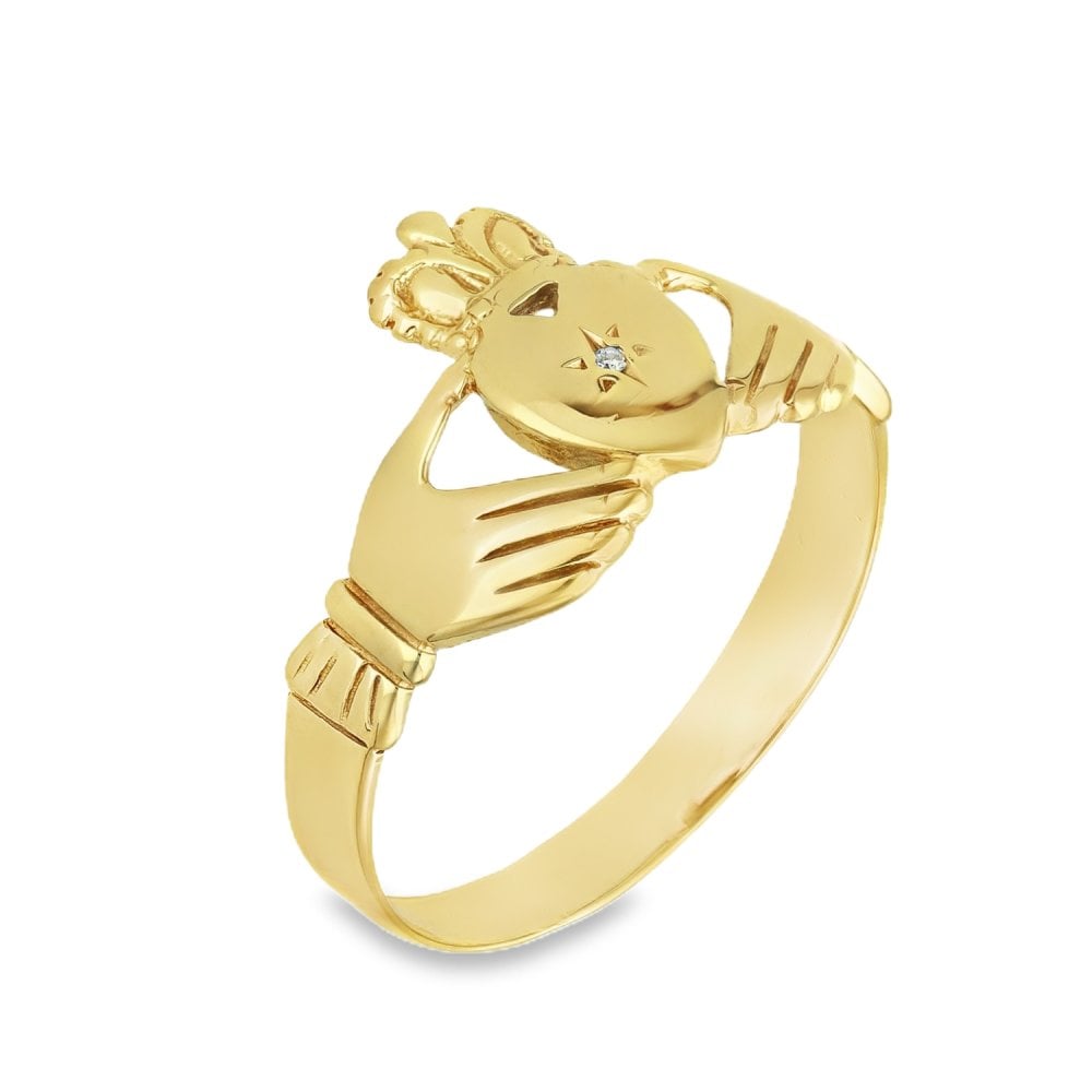 9ct Yellow Gold Diamond Claddagh Ring - Size Z½ - 14mm