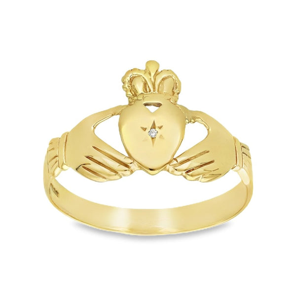 9ct Yellow Gold Diamond Claddagh Ring - Size Z½ - 14mm