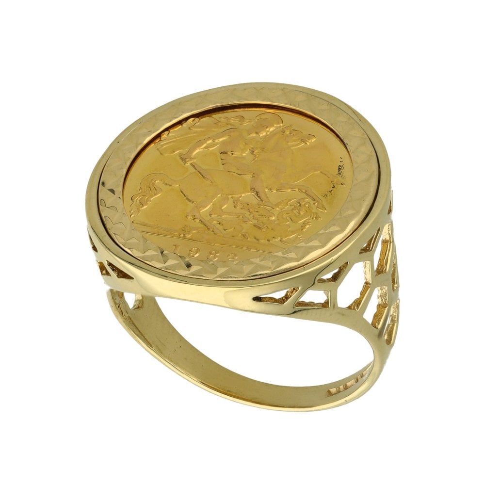 1982 Yellow Gold Half Sovereign Coin Ring - Size S - 7.6g