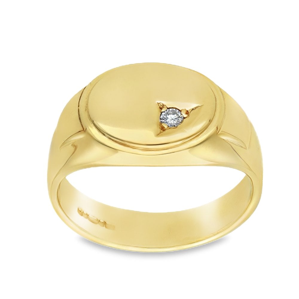 9ct Yellow Gold Diamond Signet Ring - Size S½ - 13mm