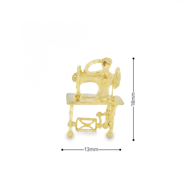 9ct Yellow Gold Sewing Machine Charm - 13x18x6mm - 1.6g