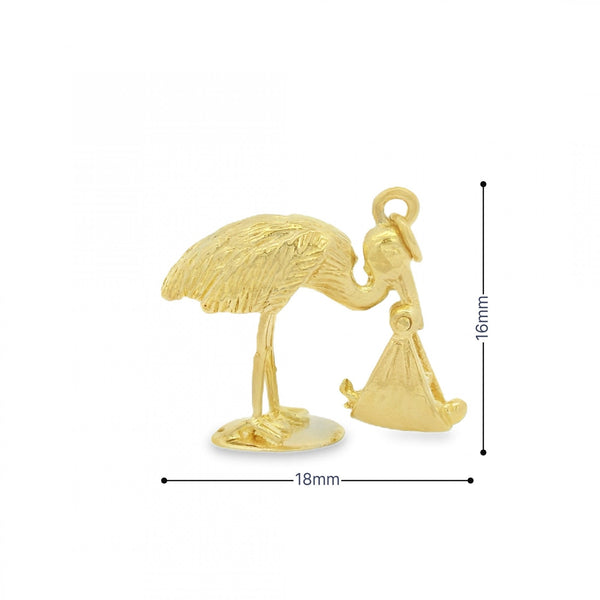 9ct Yellow Gold Stork & Baby Charm - 18x16x7mm - 3.9g