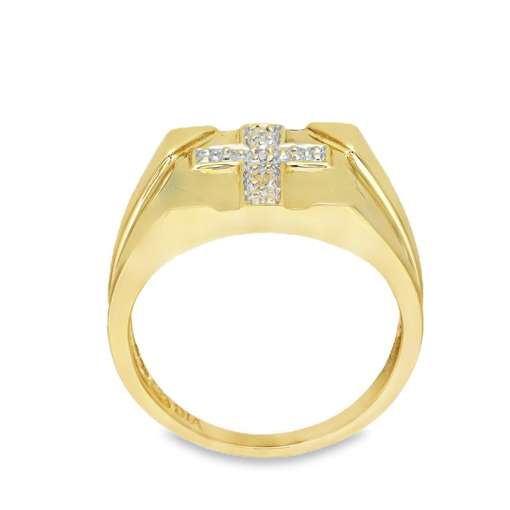 9ct Yellow Gold Square Diamond Cross Signet Ring - Size P - 12mm