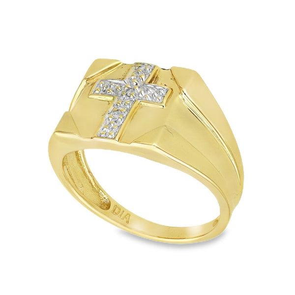9ct Yellow Gold Square Diamond Cross Signet Ring - Size P - 12mm