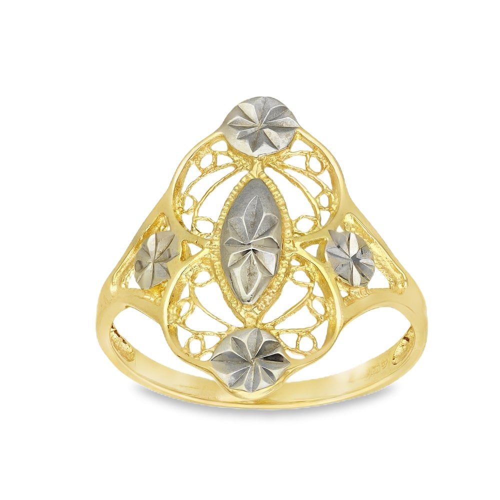 9ct Yellow & White Gold Oval Filigree Ring - Size O - 20mm