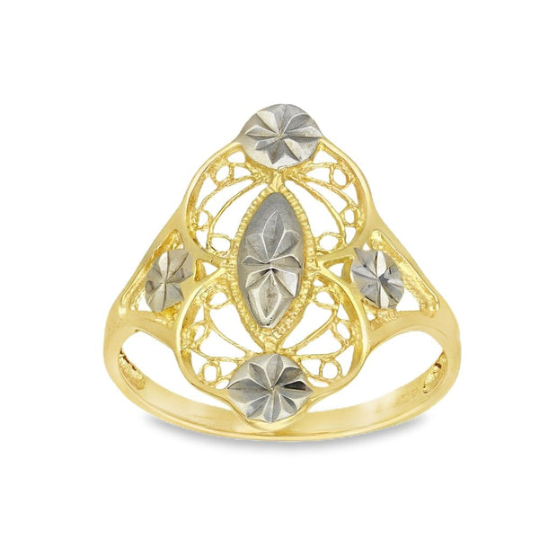 9ct Yellow & White Gold Oval Filigree Ring - Size O - 20mm