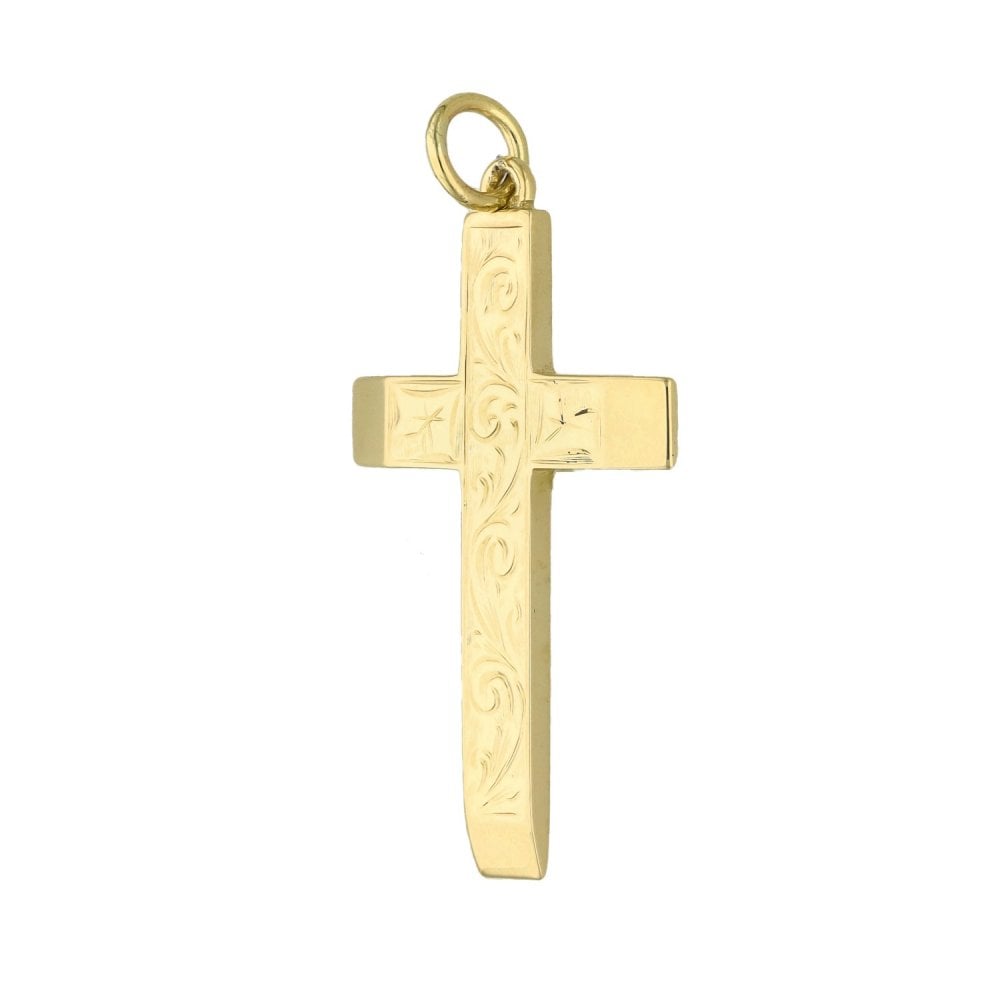 9ct Yellow Gold Feather Engraved Cross Pendant - 20x35x2mm -4.4g