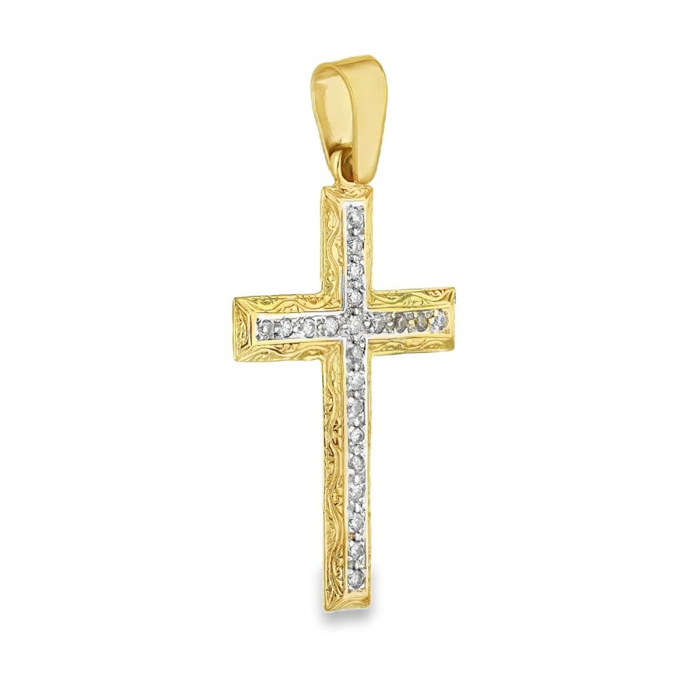 9ct Yellow Gold Large Cubic Zirconia Cross Pendant - 27x45x2mm