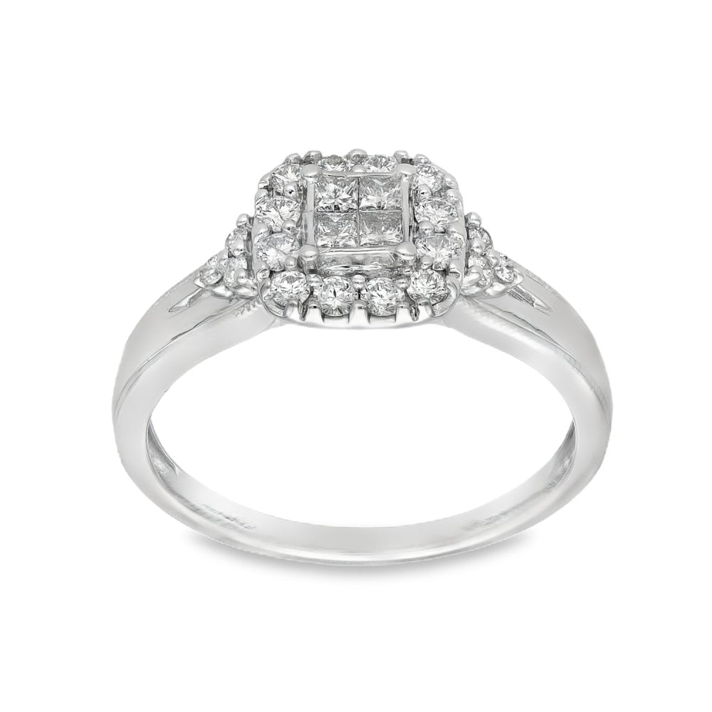 9ct White Gold Diamond Cluster Ring - Size R½ - 0.565ct
