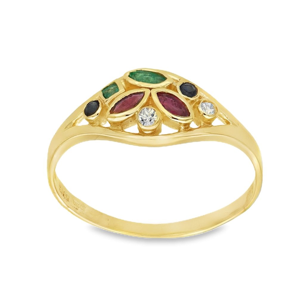 9ct Yellow Gold Assorted-Stone Open Ring - Size O - 8mm