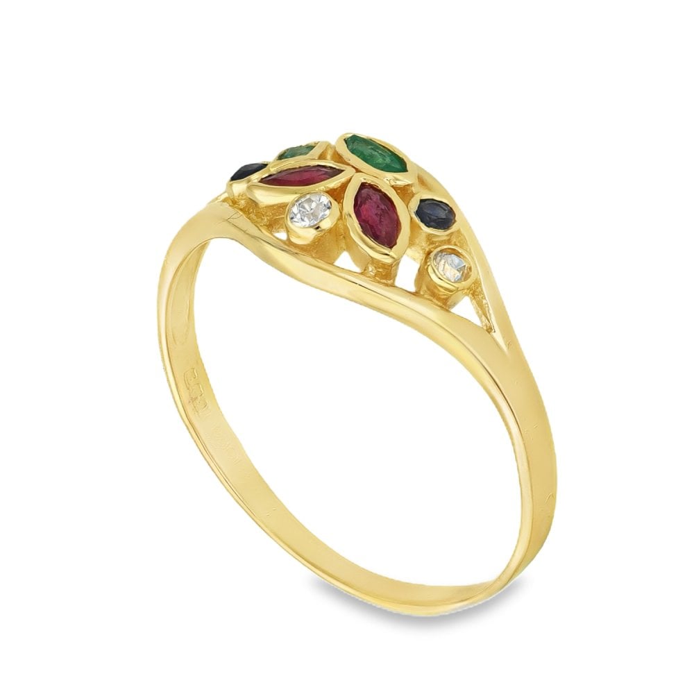 9ct Yellow Gold Assorted-Stone Open Ring - Size O - 8mm