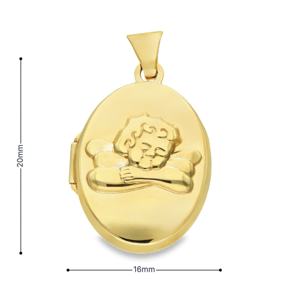 9ct Yellow Gold Oval Angel Locket - 16x20x5mm - 1.8g